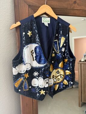 Quacker Factory Navy Sequin Embellished Vest with Gold & White Accents